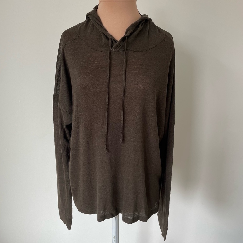 MICHAEL STARS Moss Green Linen Slub Knit Split Hem Hoodie Top Sweater LK9197 S